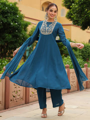 Teal Georgette Zari Yoke Embroidered Anarkali Kurta Set With Dupatta