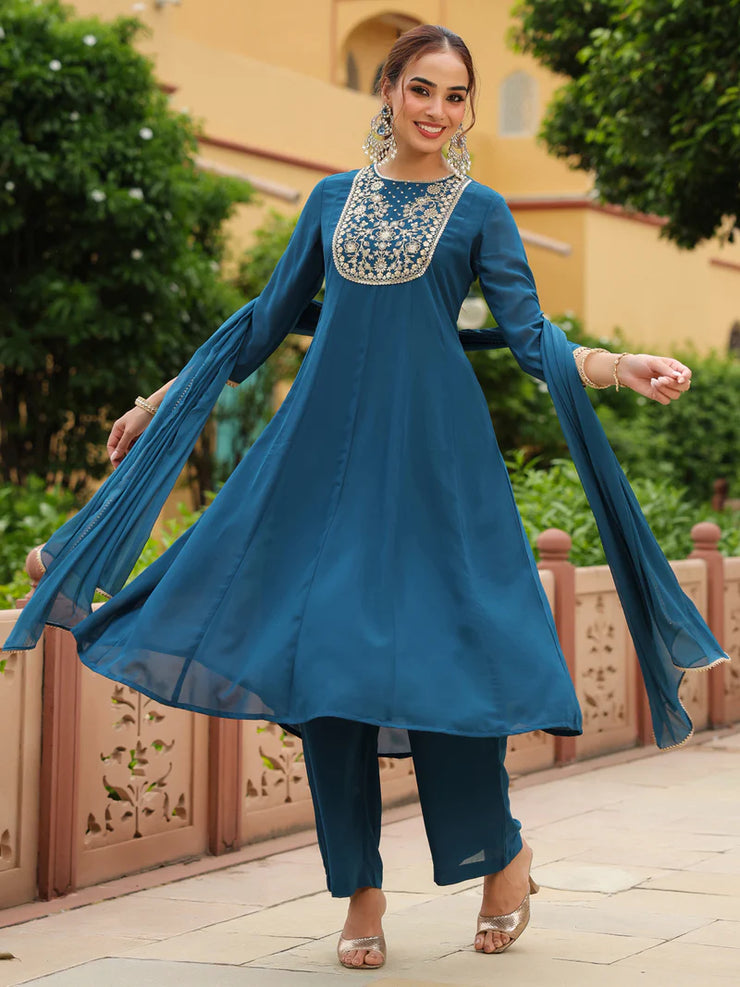 Teal Georgette Zari Yoke Embroidered Anarkali Kurta Set With Dupatta