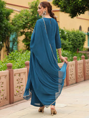 Teal Georgette Zari Yoke Embroidered Anarkali Kurta Set With Dupatta