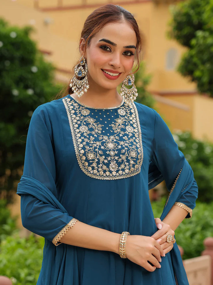 Teal Georgette Zari Yoke Embroidered Anarkali Kurta Set With Dupatta