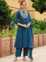 Teal Georgette Zari Yoke Embroidered Anarkali Kurta Set With Dupatta