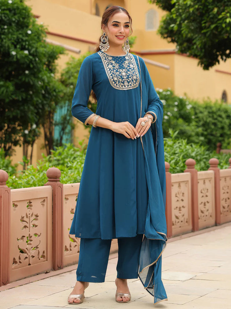 Teal Georgette Zari Yoke Embroidered Anarkali Kurta Set With Dupatta