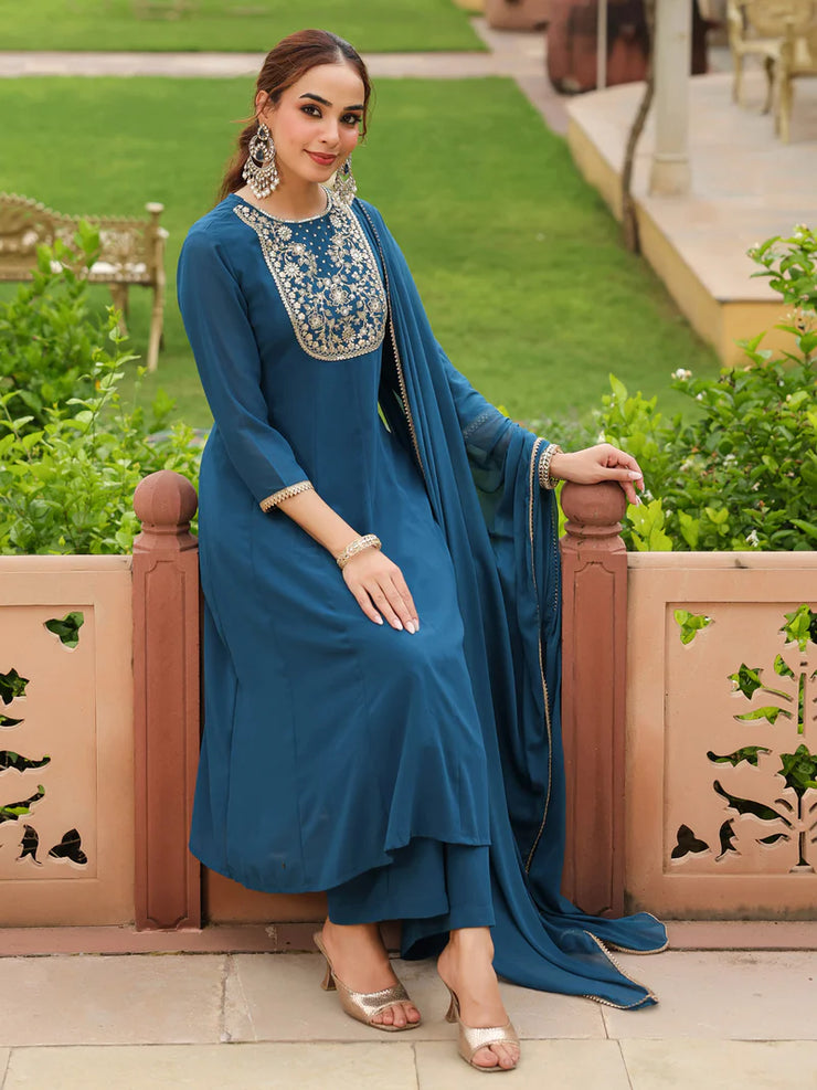 Teal Georgette Zari Yoke Embroidered Anarkali Kurta Set With Dupatta
