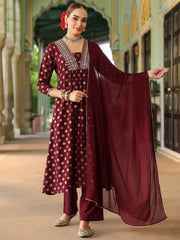 Purple Silk Blend Embroidered A-line Kurta Set