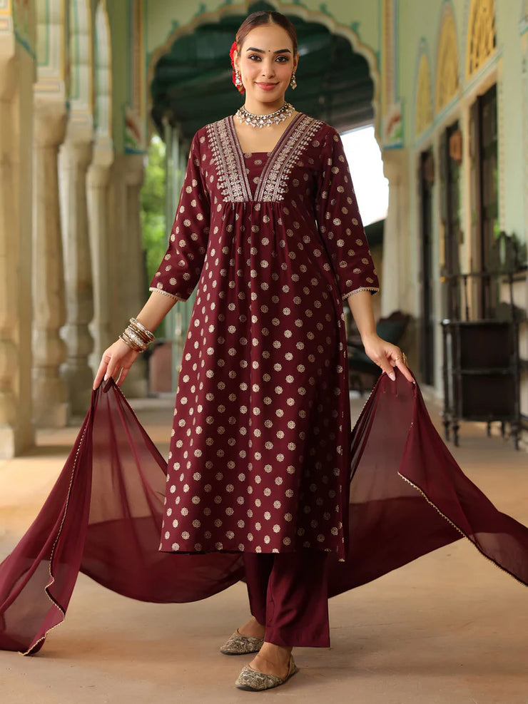 Purple Silk Blend Embroidered A-line Kurta Set
