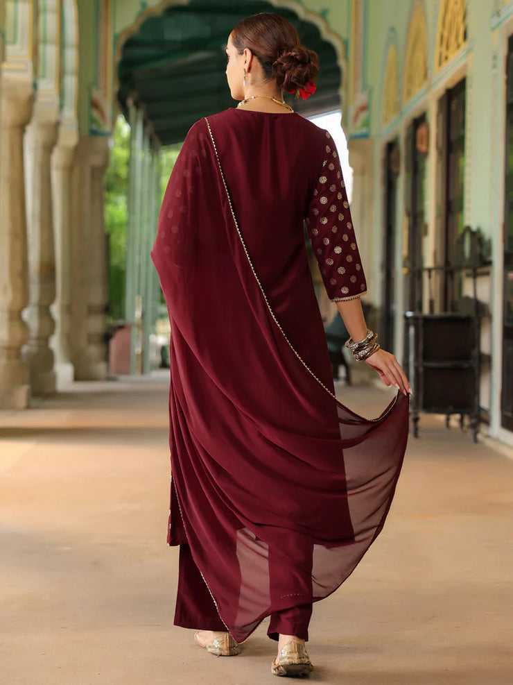 Purple Silk Blend Embroidered A-line Kurta Set
