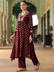 Purple Silk Blend Embroidered A-line Kurta Set