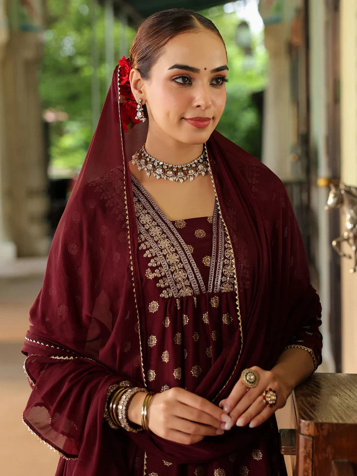 Purple Silk Blend Embroidered A-line Kurta Set