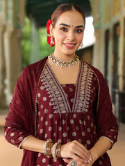 Purple Silk Blend Embroidered A-line Kurta Set