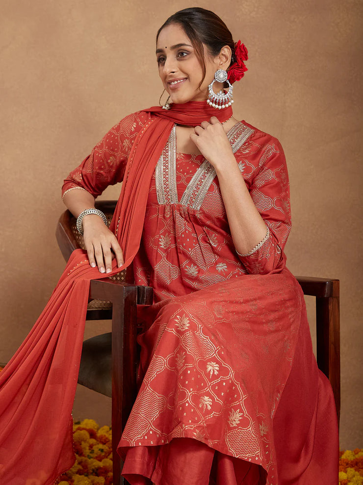 Purple Silk Blend Embroidered A-line Kurta Set