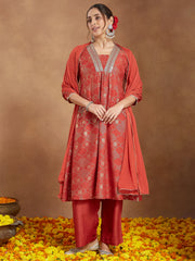 Purple Silk Blend Embroidered A-line Kurta Set