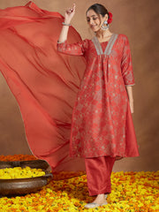 Purple Silk Blend Embroidered A-line Kurta Set