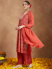 Purple Silk Blend Embroidered A-line Kurta Set