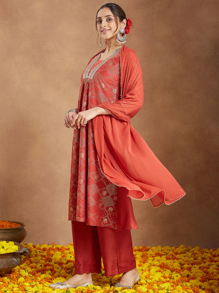 Purple Silk Blend Embroidered A-line Kurta Set
