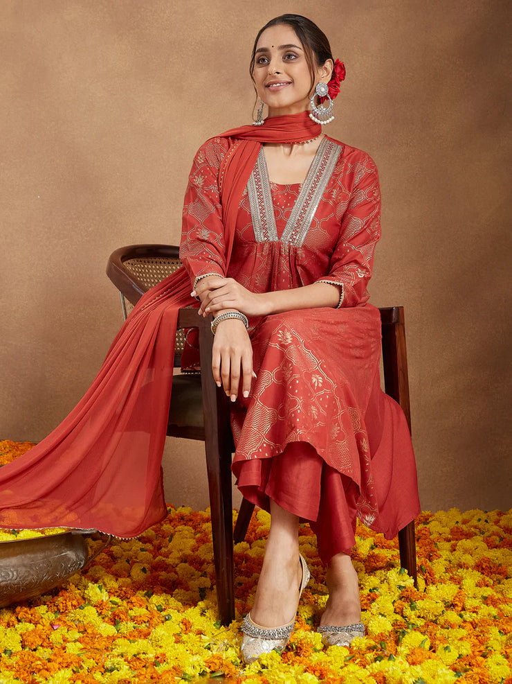 Purple Silk Blend Embroidered A-line Kurta Set