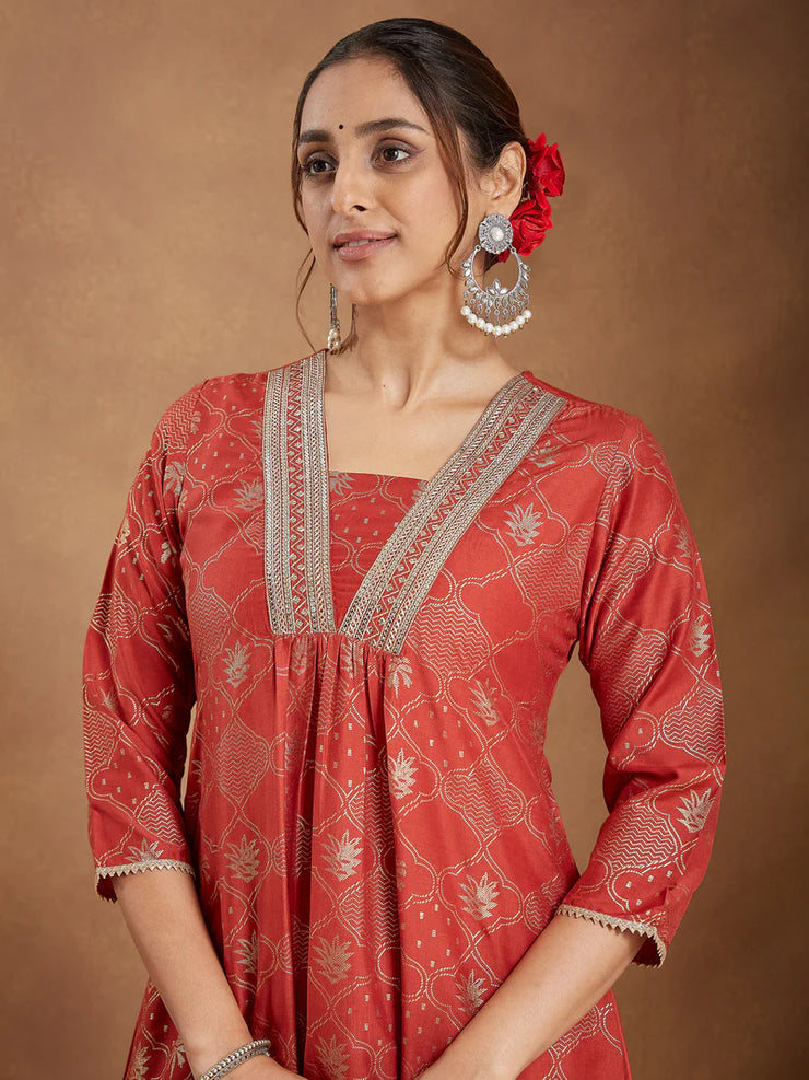 Purple Silk Blend Embroidered A-line Kurta Set