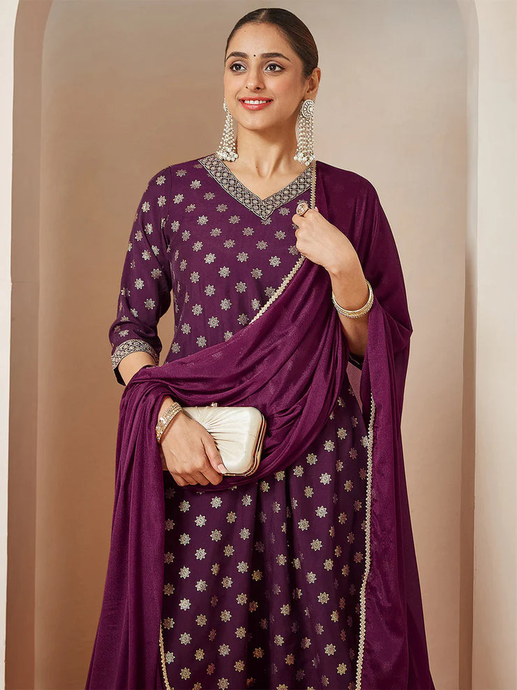 Wine Chanderi Silk Foil Printed Embroidered A-line Kurta Set
