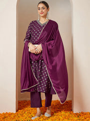 Wine Chanderi Silk Foil Printed Embroidered A-line Kurta Set