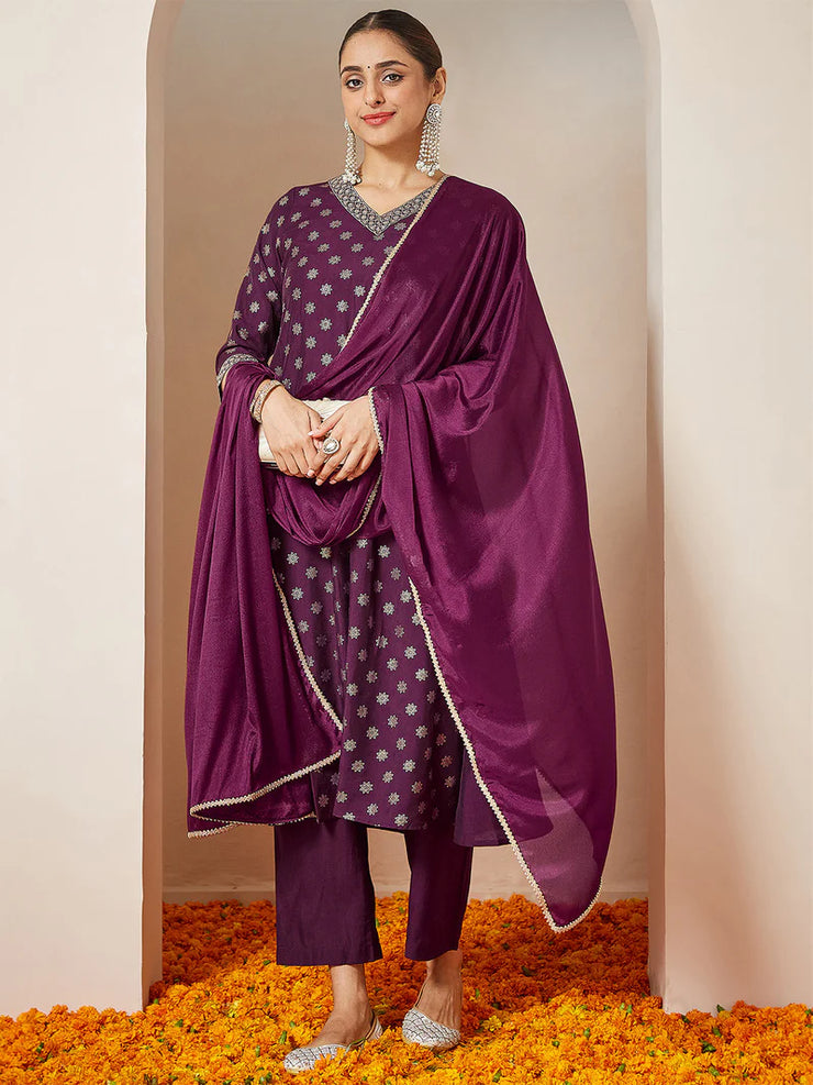 Wine Chanderi Silk Foil Printed Embroidered A-line Kurta Set