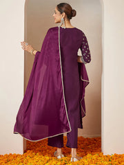 Wine Chanderi Silk Foil Printed Embroidered A-line Kurta Set