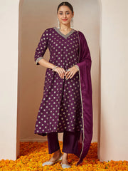 Wine Chanderi Silk Foil Printed Embroidered A-line Kurta Set