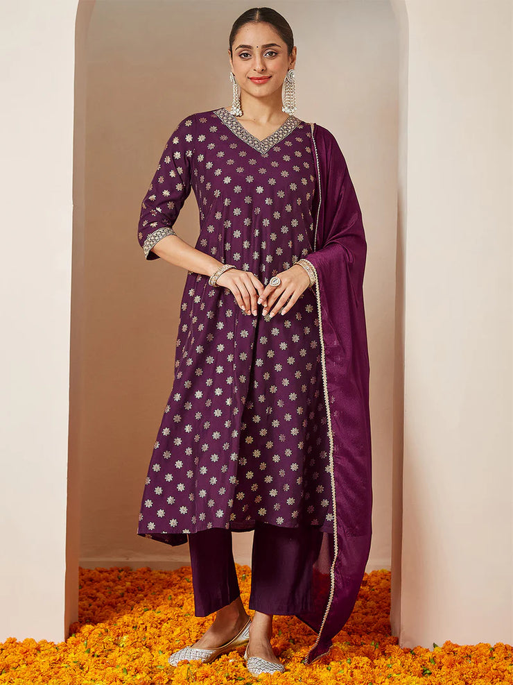 Wine Chanderi Silk Foil Printed Embroidered A-line Kurta Set