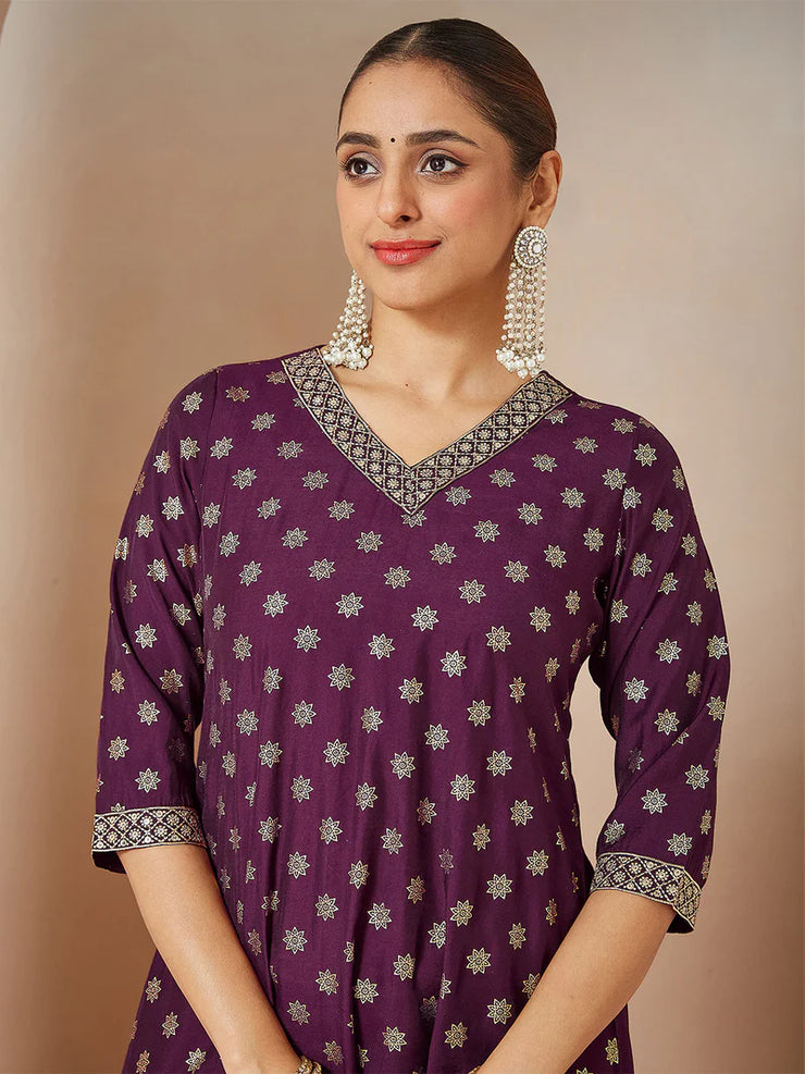 Wine Chanderi Silk Foil Printed Embroidered A-line Kurta Set