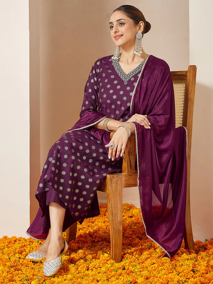 Wine Chanderi Silk Foil Printed Embroidered A-line Kurta Set