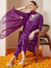 Purple Silk Blend Embroidered A-line Kurta Set