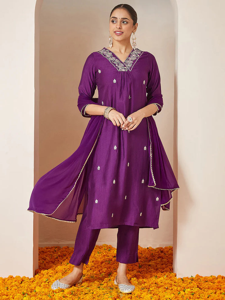 Purple Silk Blend Embroidered A-line Kurta Set