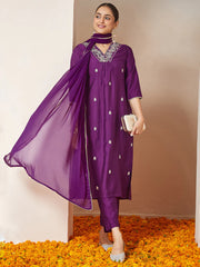 Purple Silk Blend Embroidered A-line Kurta Set