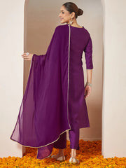 Purple Silk Blend Embroidered A-line Kurta Set