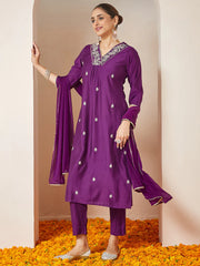 Purple Silk Blend Embroidered A-line Kurta Set