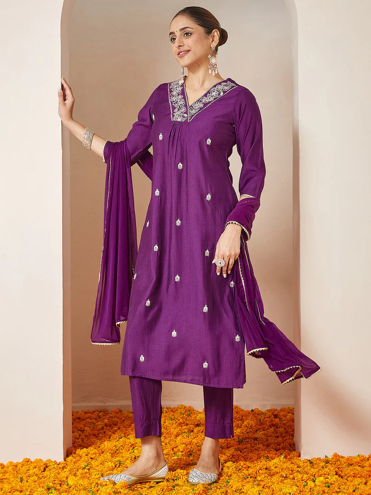 Purple Silk Blend Embroidered A-line Kurta Set