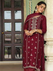 Maroon Silk Blend Zari Embroidered Straight Kurta Set With Dupatta
