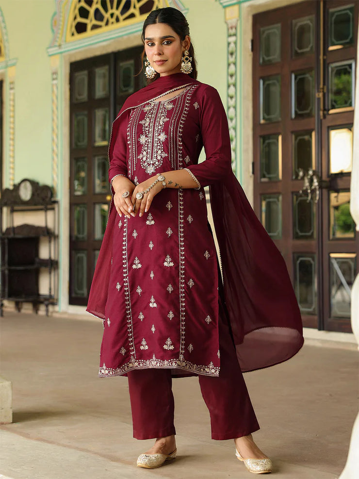 Maroon Silk Blend Zari Embroidered Straight Kurta Set With Dupatta