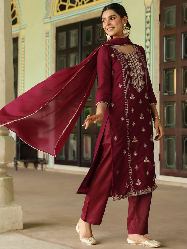 Maroon Silk Blend Zari Embroidered Straight Kurta Set With Dupatta