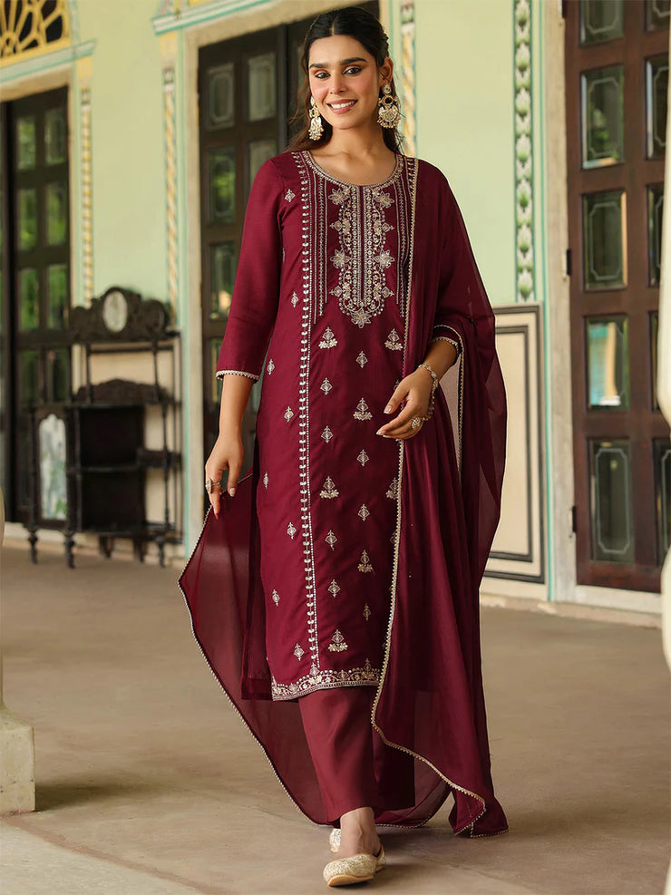 Maroon Silk Blend Zari Embroidered Straight Kurta Set With Dupatta