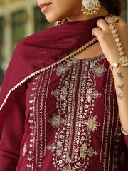 Maroon Silk Blend Zari Embroidered Straight Kurta Set With Dupatta