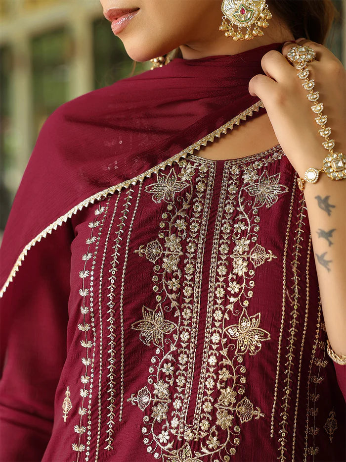 Maroon Silk Blend Zari Embroidered Straight Kurta Set With Dupatta