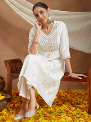 Off White Chanderi Silk Zari Embroidered A-line Kurta Set With Dupatt
