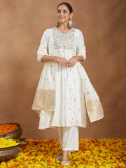 Off White Chanderi Silk Zari Embroidered A-line Kurta Set With Dupatt