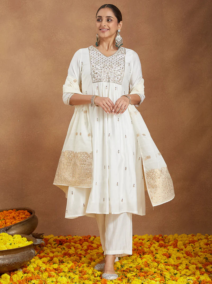 Off White Chanderi Silk Zari Embroidered A-line Kurta Set With Dupatt