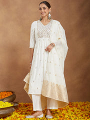 Off White Chanderi Silk Zari Embroidered A-line Kurta Set With Dupatt