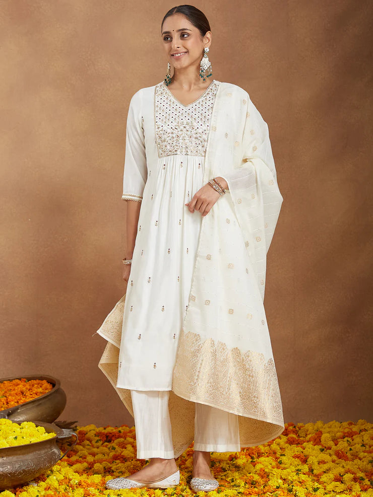 Off White Chanderi Silk Zari Embroidered A-line Kurta Set With Dupatt