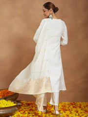 Off White Chanderi Silk Zari Embroidered A-line Kurta Set With Dupatt