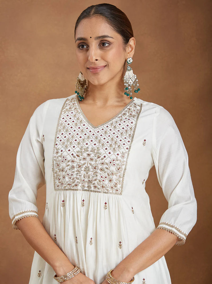 Off White Chanderi Silk Zari Embroidered A-line Kurta Set With Dupatt