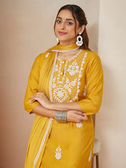 Mustard Silk Blend Embroidered Straight Kurta Set