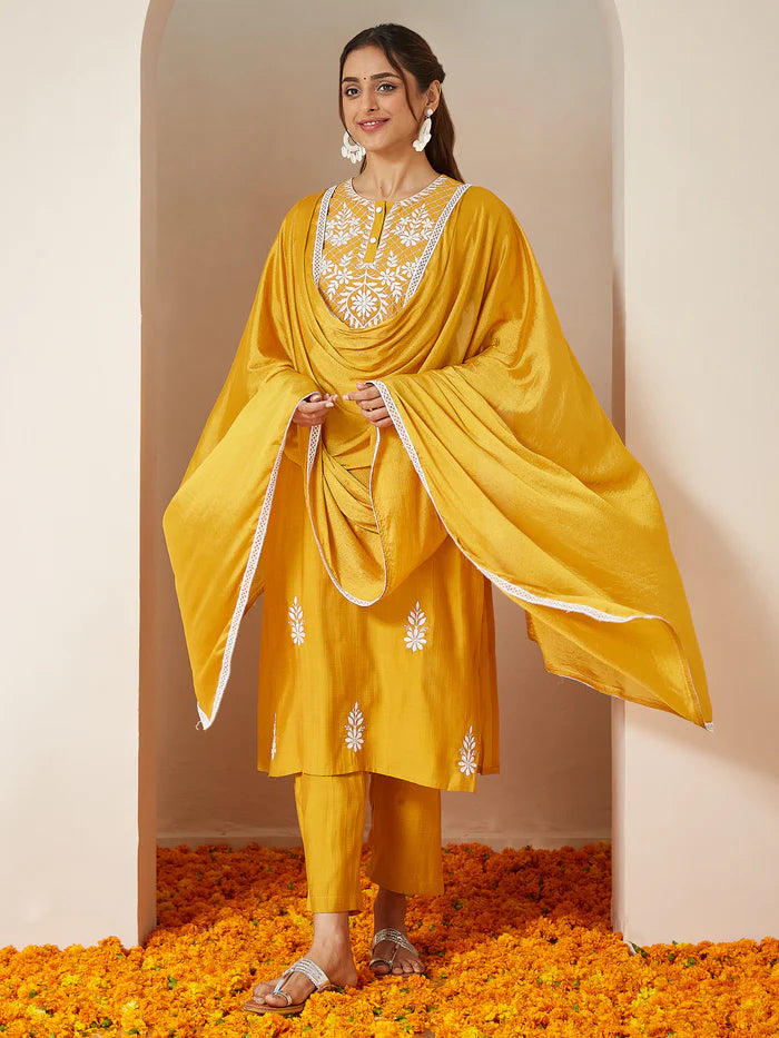 Mustard Silk Blend Embroidered Straight Kurta Set