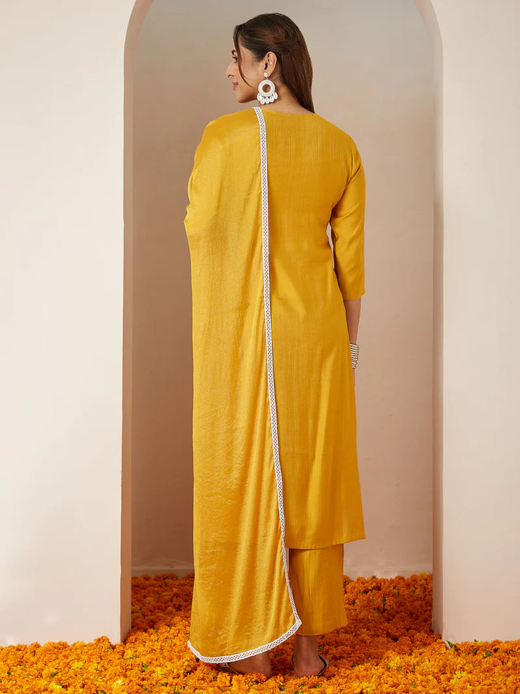 Mustard Silk Blend Embroidered Straight Kurta Set